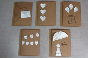 upcycling Grußkartenset, Brieftaube, Herzen, Geschenk an Luftballons, Wimpelkette und Regenschirm